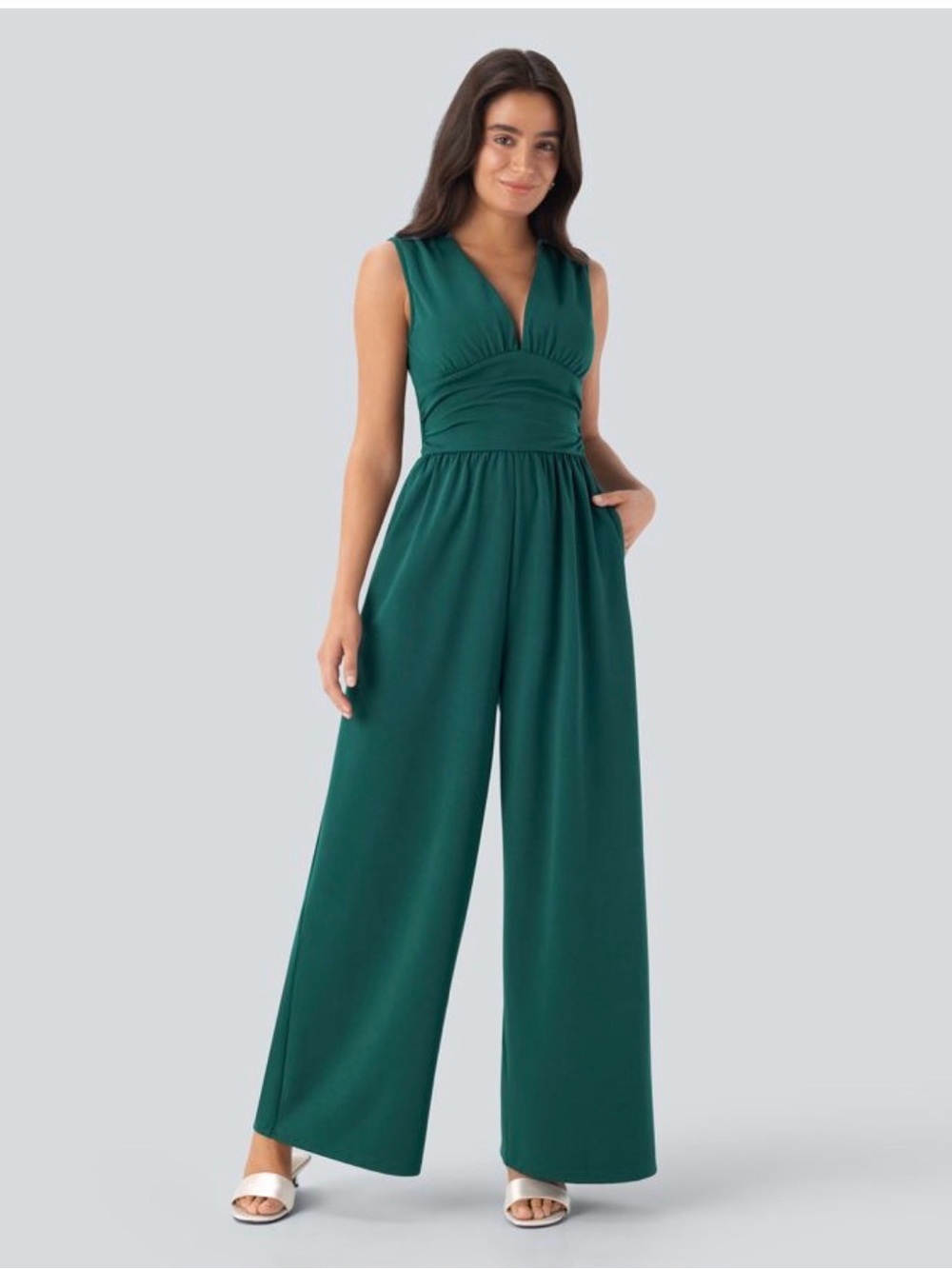 HALARA Women's Hunter Green V-Neck Sleeveless Ruched Pocket Wide Leg Jumpsuit